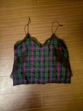 Zara Green & Blue Plaid Lace-Trim Cami Tank